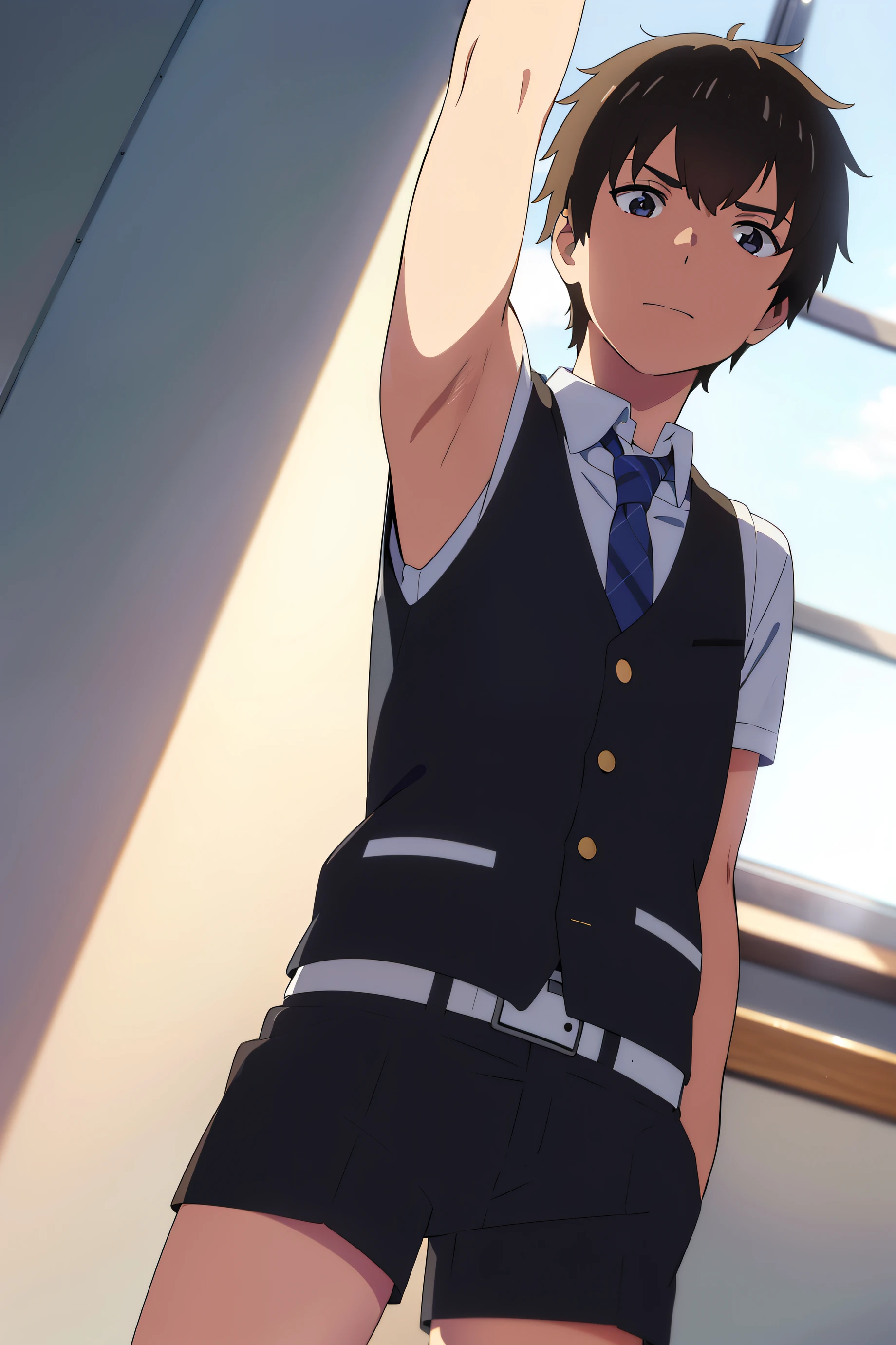 shinkai makoto, kimi no na wa, Highres, Masterpiece, Best quality at best,Best Quality,hight quality, hight detailed, Anime style, 1boy, Shota, young boy, Solo person, office, Sleeveless shirt, Tie, Seen from the front, look at viewer, (very young boy), (very small and short body), s, (Showing armpit:1.3), hansome boy