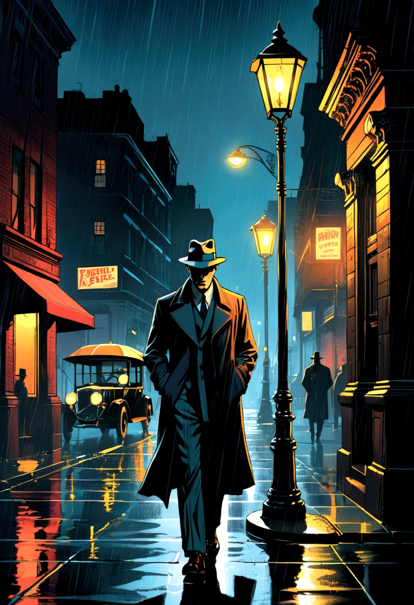 Location: 1920s Neo-noir street. Style: Frank Miller comic style sketch. Dark fantasy, Rainy, midnight, street lamp
