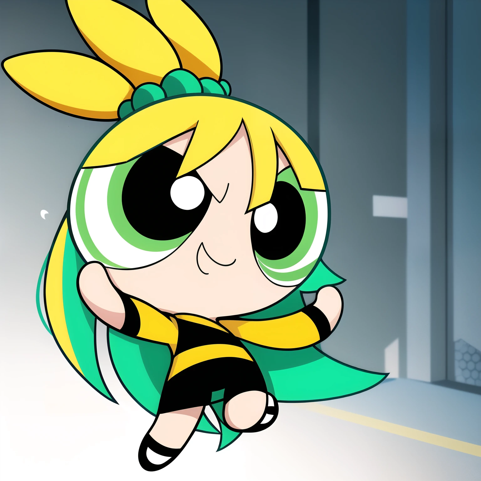 cute smile, full body, 1girl , chibi, yellow pineapple, green eyes, yellow jacket, oversized clothes, hair ornament, multicolored hair,