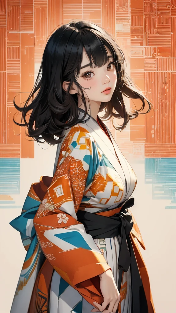 ((Highly detailed CG unit 8k wallpaper, masterpiece, High resolution, highest quality, highest qualityのリアルテクスチャスキン)), ((very beautiful woman, Nana Komatsu, Figure with hands in pockets:1.5, plump lips, Japanese pattern haori)), (messy black hair, white skin, small breasts), ((and handle background, Colorful background with geometric patterns, warm color)), Sumi-e, hyper realistic, digital painting, concept art,赤と黒
