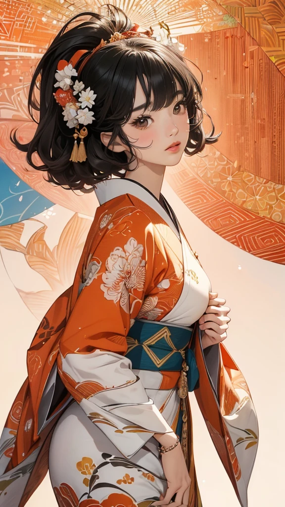 ((Highly detailed CG unit 8k wallpaper, masterpiece, High resolution, highest quality, highest qualityのリアルテクスチャスキン)), ((very beautiful woman, Nana Komatsu, Figure with hands in pockets:1.5, plump lips, Japanese pattern haori)), (messy black hair, white skin, small breasts), ((and handle background, Colorful background with geometric patterns, warm color)), Sumi-e, hyper realistic, digital painting, concept art,赤と黒
