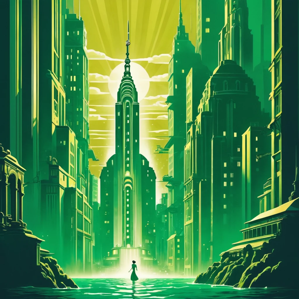 Bioshock ARTDECO, Poster, simple, Art Deco, Bright colors, Complex, 8K, Ultra-high resolution, Highest quality, Negative Space, High quality illustrations, an underwater city, perspective, green, green, gold, masterpiece, Cinema Lighting、Beautiful Japanese Women