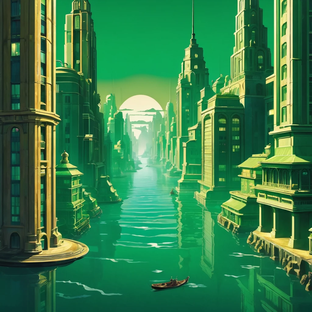 Bioshock ARTDECO, Poster, simple, Art Deco, Bright colors, Complex, 8K, Ultra-high resolution, Highest quality, Negative Space, High quality illustrations, an underwater city, perspective, green, green, gold, masterpiece, Cinema Lighting、Beautiful Japanese Women