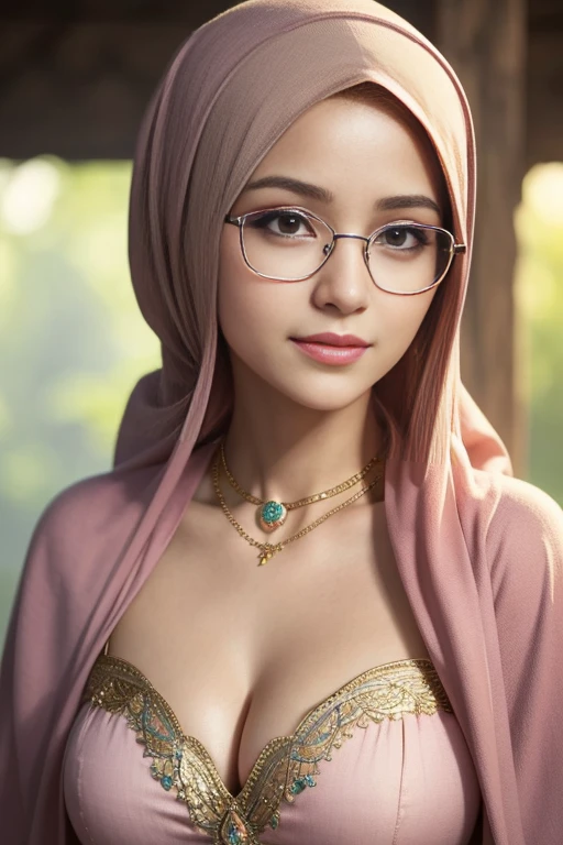 pink, colorful, tombraider, cleavage, hijabi, glasses, Absurd, ultra-detailed, high quality, masterpiece, detailed face, beautiful eyes(detailed eyes), malay, gentle and graceful, face exudes warmth and kindness, eyes described as soft and comforting, gentle and steady gaze, overall appearance is simple and modest, The fabric of her garments is usually depicted as soft and earth-toned, beauty lies not in extravagant adornments, wear golden necklace, Her smile is serene and welcoming