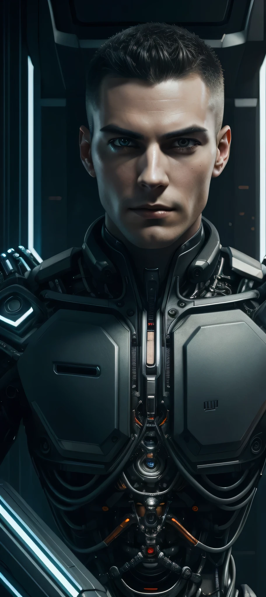 Center-center portrait of an ultra-detailed Mechanical Cyberpunk male Android, Looking at the camera, intricate, elegant, super highly detailed, suave, sharp focus, no blur, no, extreme illustration, unreal,  whole body (details), whole body very detailed