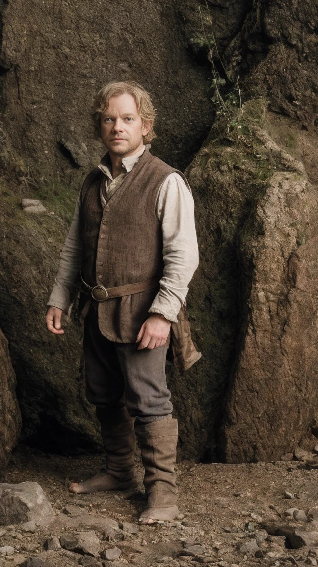 Martin John Christopher Freeman as Bilbo Baggins or the Hobbit There and Back Again,curly hair, without shoes, barefoot, big hairy feet, cinematic, against the backdrop of Mount Erebor Fantasy