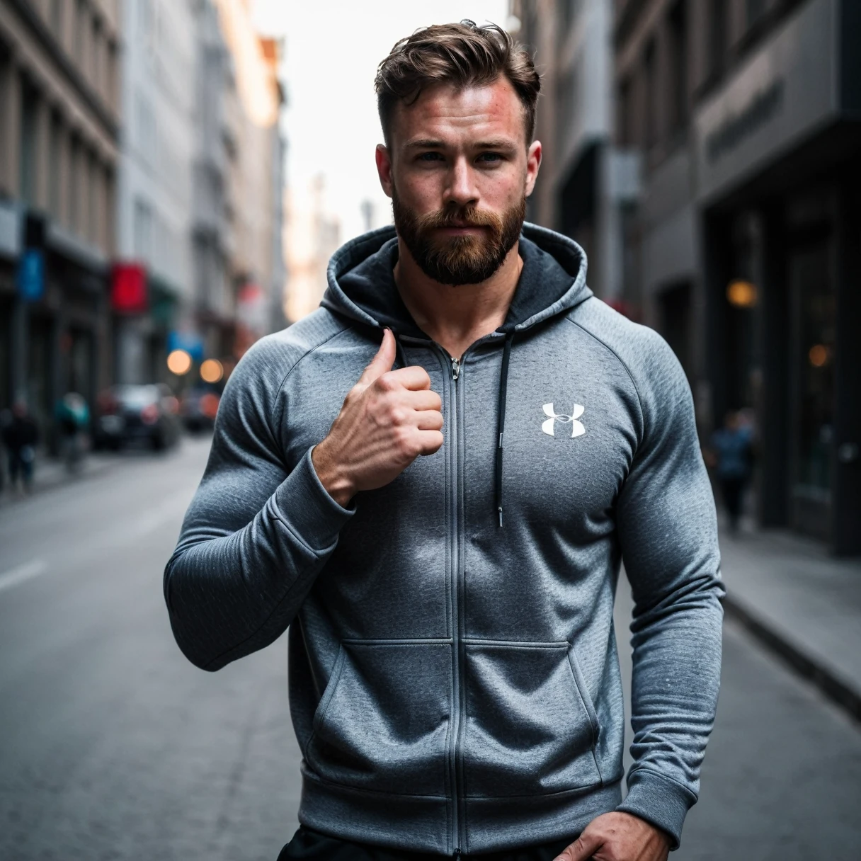 RAW-Foto, Full body shot of the man, handsome man with beard, he shows his muscles in a bodybuilding pose, walks along the street, standing in the city, has put on a sporty hoodie, Hoodie in the color grey, Tesla brand logo on the jacket, detailed face, blue eyes, (highly detailed skin:1.2), 8K  UHD, dslr, soft lighting, good quality, film grain, Fujifilm XT3 dappled light on the face, pale skin, Hautporen, oiled, shiny skin, skin blemishes, impure skin, complicated skin details, visible skin detail, detailed skin structure, Blush, folds, Vitiligo spots, moles, Blackheads, Blackheads, white pimples, red pimples, Schönheitsfleck, Hautflaum, [[[[[freckles]]]]] (perfect eyes), ((perfect hands with four fingers and one thumb each))