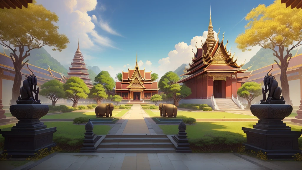 there is a painting of a courtyard with 2 gold elephants statue thailand and thailand temple, arena background, mobile game background, background art, background artwork, palace background, game background, temple background, volley court background, zen temple background, anime background art, royal garden background, amazing wallpaper, anime background, 2 d game art background, park background, anime scenery concept art, videogame background, Cassia fistula, far architect thailand, thailand temple, temple behind, thailand mood, thailand backgound