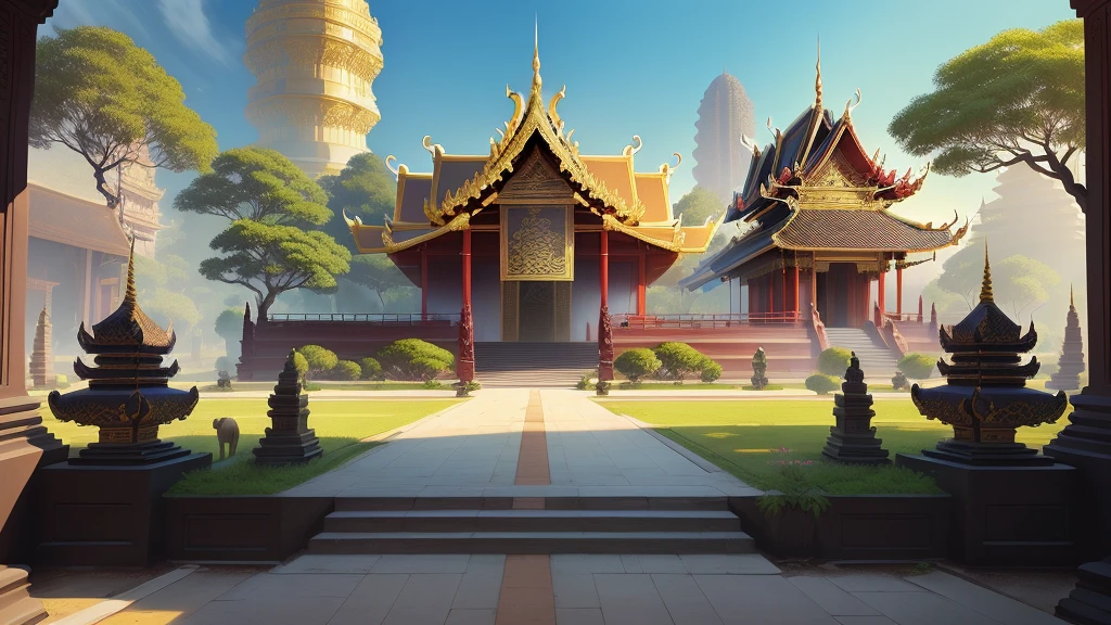 there is a painting of a courtyard with 2 gold elephants statue thailand and thailand temple, arena background, mobile game background, background art, background artwork, palace background, game background, temple background, volley court background, zen temple background, anime background art, royal garden background, amazing wallpaper, anime background, 2 d game art background, park background, anime scenery concept art, videogame background, Cassia fistula, far architect thailand, thailand temple, temple behind, thailand mood, thailand backgound