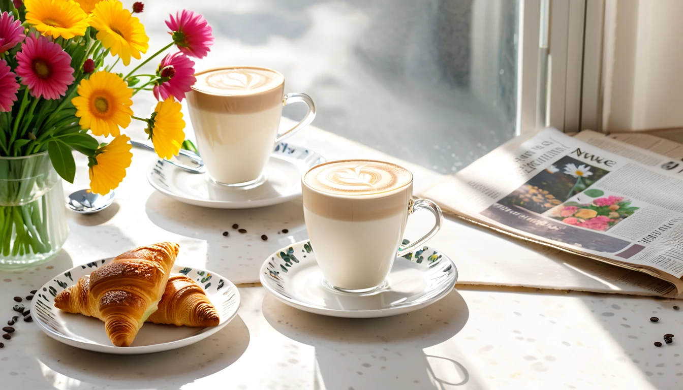 Create an image of a cozy morning scene featuring two cups of cappucino and creamy cofee,with floral patterns on a table by a window, with sunlight filtering through vibrant flowers. Include details such as a newspaper, fresh croissants, scattered berries, and coffee beans to enhance the warm and inviting atmosphere.