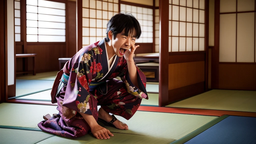 Best quality images。Surreal Style。A Japanese man wearing a kimono in a Japanese-style room。Crouched down and screaming。