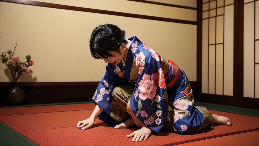 Best quality images。Surreal Style。A Japanese man wearing a kimono in a Japanese-style room。Crouched down and screaming。