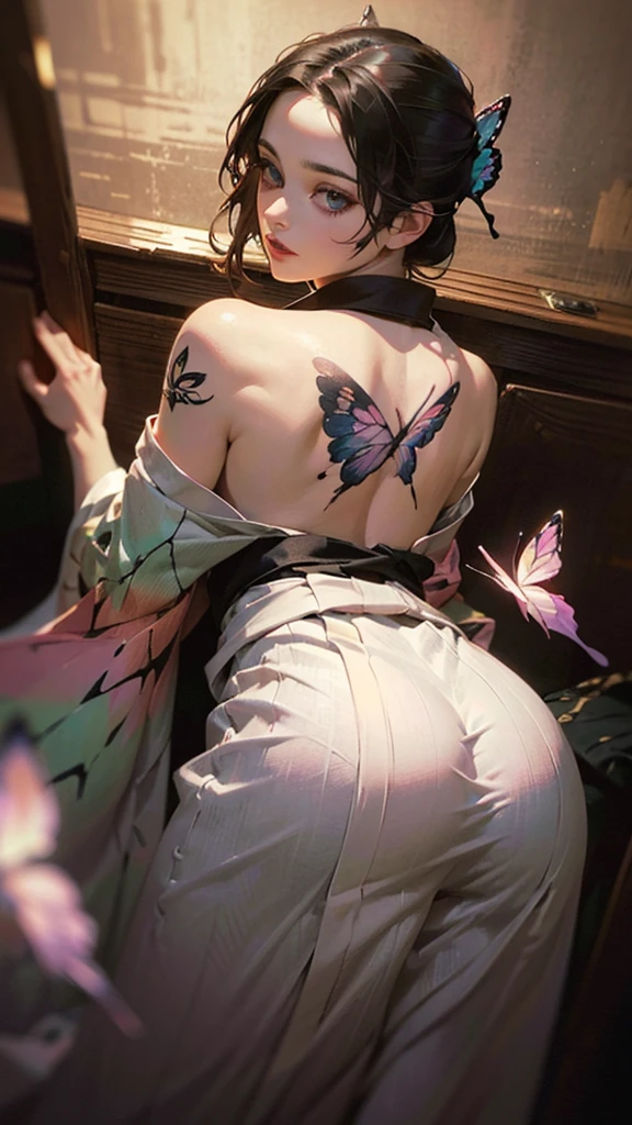 a woman wearing a traditional japanese kimono, ((large butterfly tattoo on her back)), beautiful detailed eyes, beautiful detailed lips, extremely detailed eyes and face, long eyelashes, detailed intricate kimono patterns, cinched waist, flowing sleeves, traditional japanese hairstyle, natural lighting, warm color tones, ((large butterfly tattoo on her back))(best quality,4k,8k,highres,masterpiece:1.2),ultra-detailed,(realistic,photorealistic,photo-realistic:1.37),cinematic lighting,vibrant colors,detailed texture,intricate details,seamless,elegant,beautiful,graceful