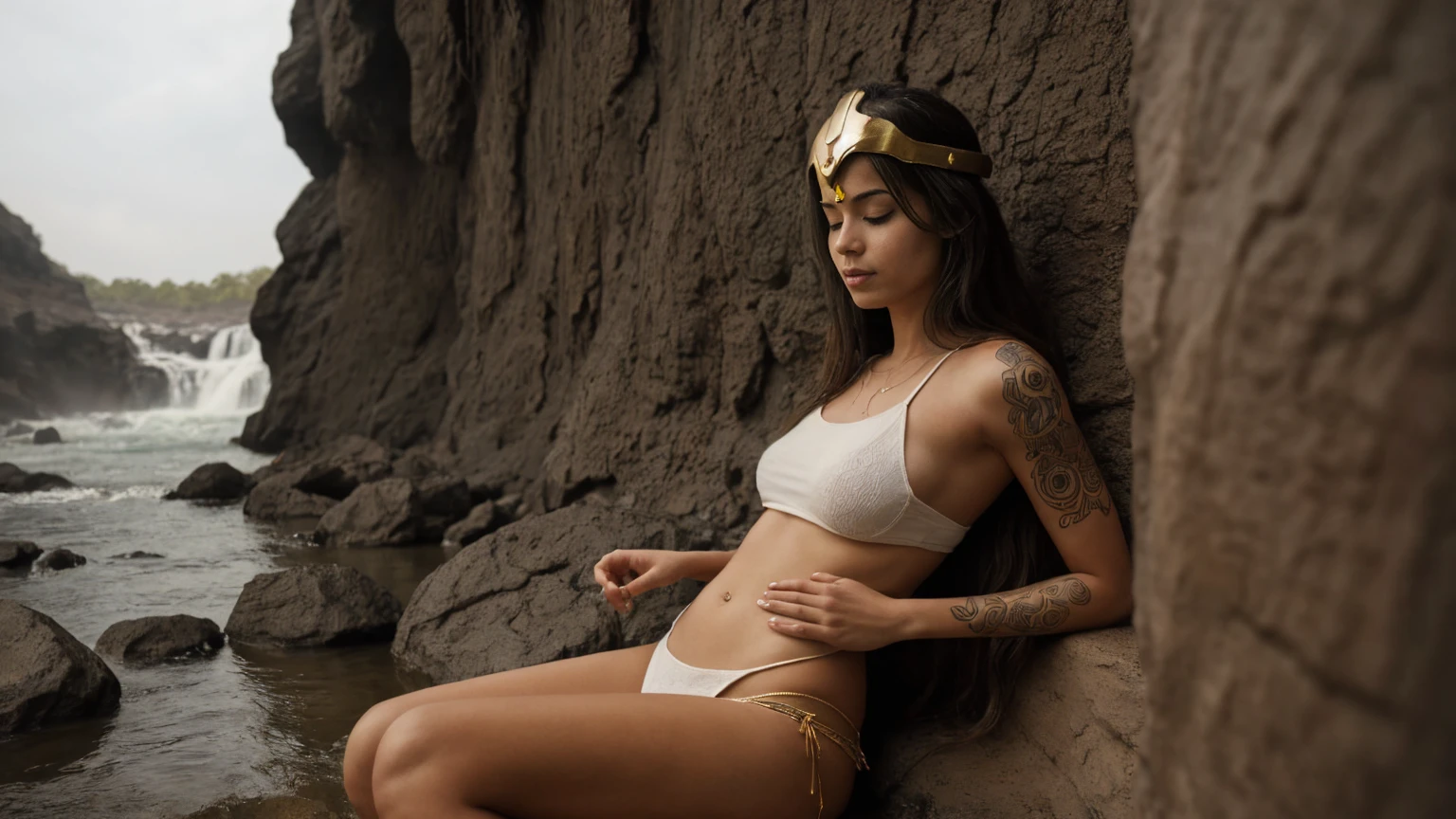 Women"Voluptuous and mysterious priestess meditating in an enchanting landscape near a waterfall, Dressed in a sacred robe and adorned with tattoos and piercings and an iron man helmet that covers her face, framed by a magnificent Hindu temple. The image is an ultra-realistic representation captured in stunning detail.."