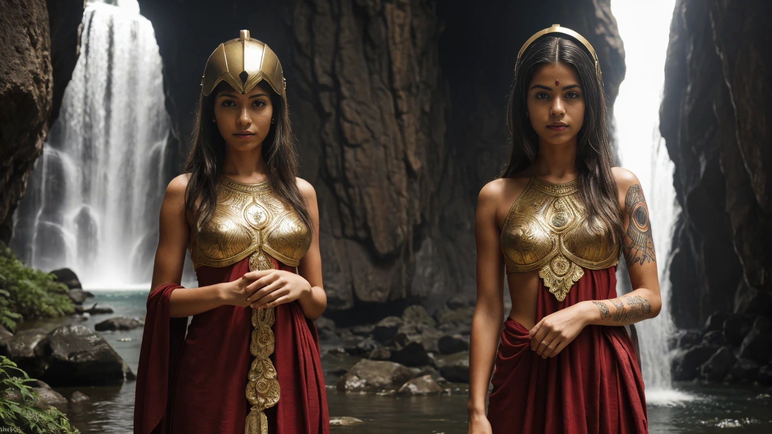 Women"Voluptuous and mysterious priestess meditating in an enchanting landscape near a waterfall, Dressed in a sacred robe and adorned with tattoos and piercings and an iron man helmet that covers her face, framed by a magnificent Hindu temple. The image is an ultra-realistic representation captured in stunning detail.."
