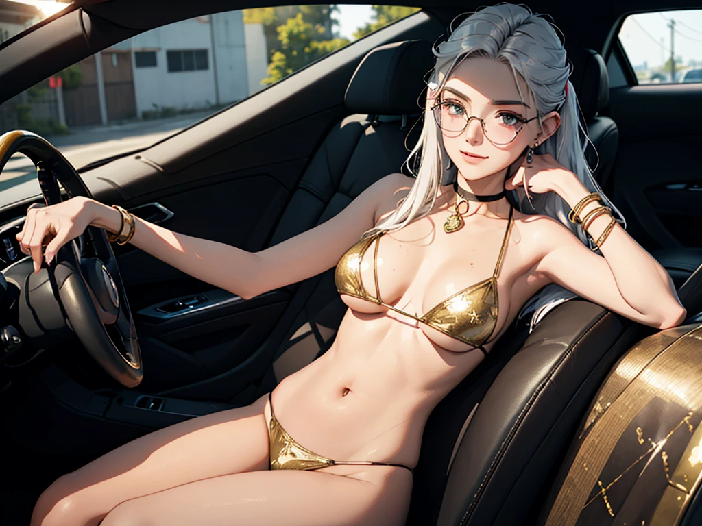 tmasterpiece,(tmasterpiece,top-quality,best qualityer),1girll, jewely,耳Nipple Ring,choker necklace,bangle, hoop earings, circle glasses,sun glasses, Long hair and long meat, Blonde hair,Black color hair,Silvery-white hair,Maroon hair, solo, ssmile, looking at viewert, motorvehicle,The Car, Sports cars,groundvehicle, Sat down, exteriors, daysies, nedium breasts,Open navel, dark skinned female, floral patterns, grinning smile,collars,Laser cloth,Sexy bikini,laser,holy rays,gold foil,Gold leaf art,glitter drawing,Correct anatomy,Detailed face, Detailed eyes,Chest exposed,(miami, night life)