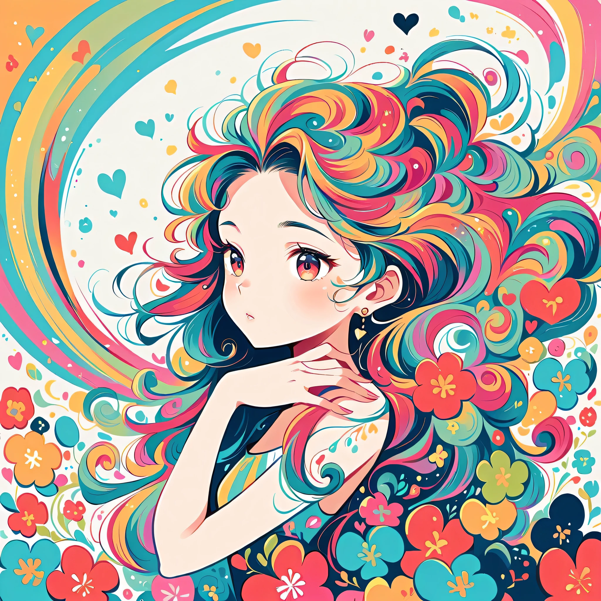 Black Star Red and White style, Simple Line Initialism，Abstract art，Urban Background, colorful hearts ,colorful flowers, (((The most beautiful girl of all time))), playing, Cute and colorful amoeba