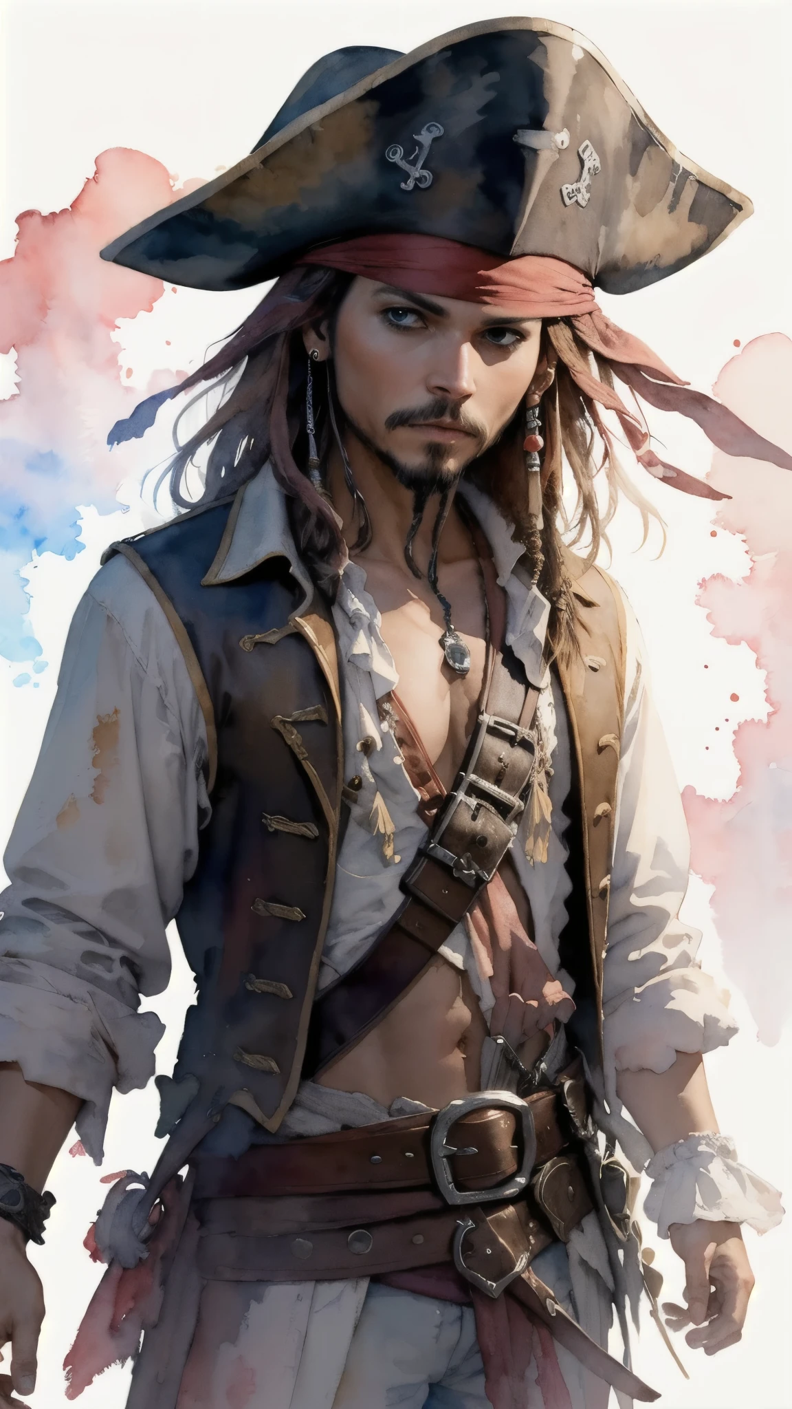 (masterpiece:1.2, Highest quality),8K,wallpaper,((Watercolor)),(Jack Sparrow), Upper body close-up,front,Dressed in a pirate costume,Perfect Eyes,Detailed face,,Cool guy