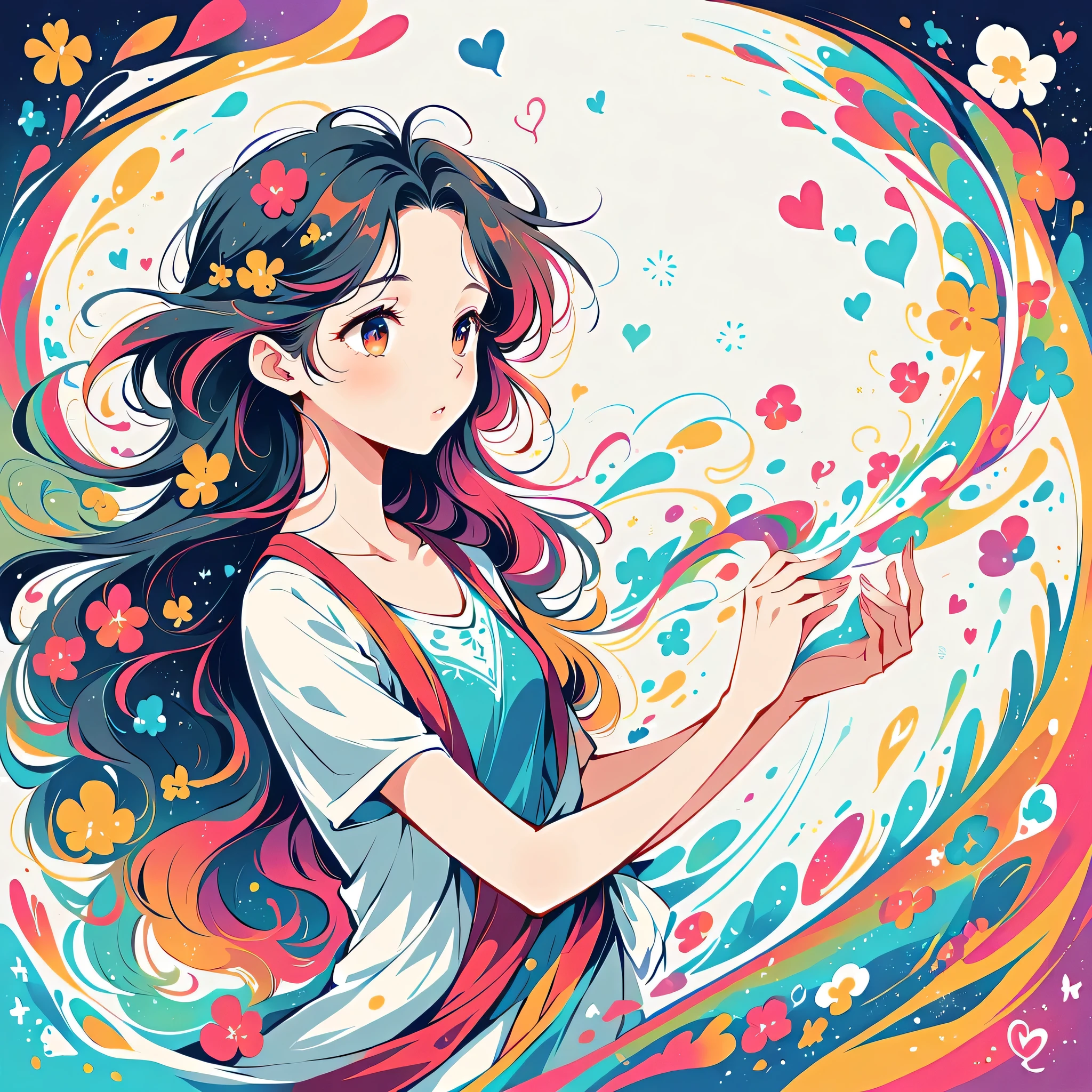 Black Star Red and White style, Simple Line Initialism,Abstract art,Urban Background, colorful hearts ,colorful flowers, (((The most beautiful girl of all time))), playing, Cute and colorful amoeba