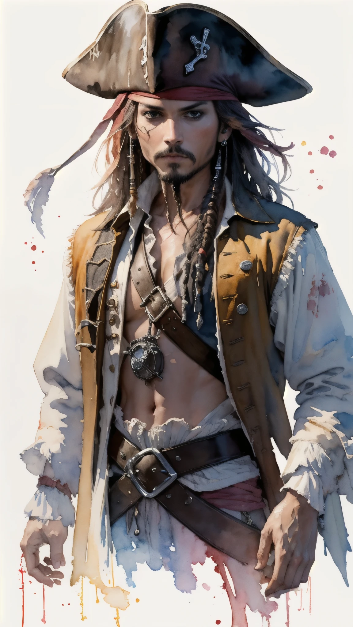 (masterpiece:1.2, Highest quality),8K,wallpaper,((Watercolor)),(Jack Sparrow), Upper body close-up,front,Dressed in a pirate costume,Perfect Eyes,Detailed face,,Cool guy