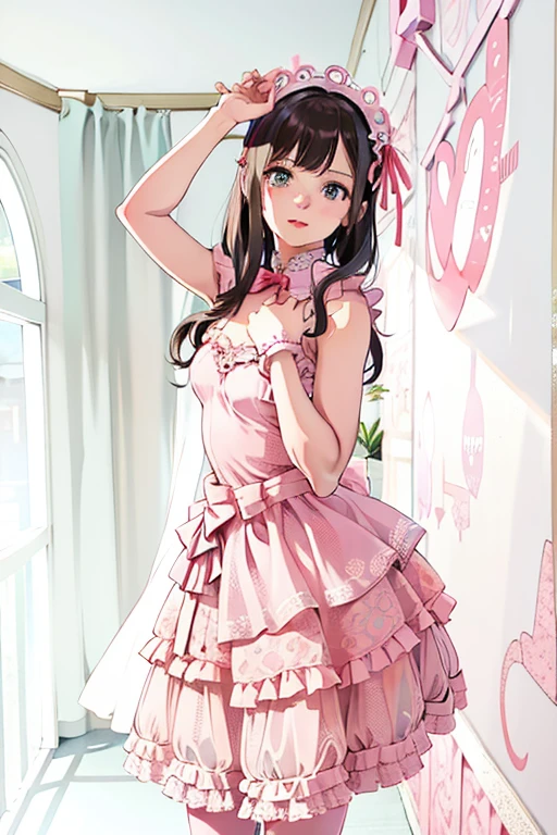 there is a woman in a pink dress posing for a picture, Beldelfinn, Magical Lolita Girl Portrait, Lolita Style, Lolita Fashion,  in dress, Frill Costume, Cute Core, Anime Girl Cosplay, Cute as an angel, Magical Girl Style, , Catboy Cosplay! Maid! dress, portrait of the radical Lolita girl, Fairy Core
