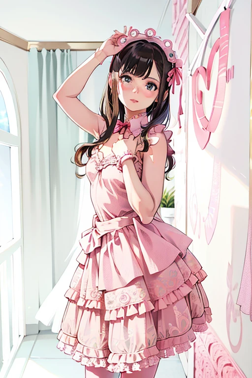there is a woman in a pink dress posing for a picture, Beldelfinn, Magical Lolita Girl Portrait, Lolita Style, Lolita Fashion,  in dress, Frill Costume, Cute Core, Anime Girl Cosplay, Cute as an angel, Magical Girl Style, , Catboy Cosplay! Maid! dress, portrait of the radical Lolita girl, Fairy Core