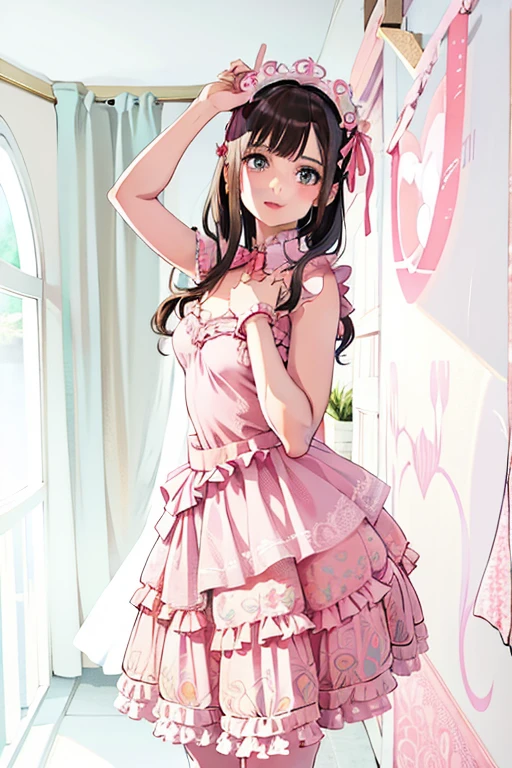 there is a woman in a pink dress posing for a picture, Beldelfinn, Magical Lolita Girl Portrait, Lolita Style, Lolita Fashion, in dress, Frill Costume, Cute Core, Anime Girl Cosplay, Cute as an angel, Magical Girl Style, , Catboy Cosplay! Maid! dress, portrait of the radical Lolita girl, Fairy Core