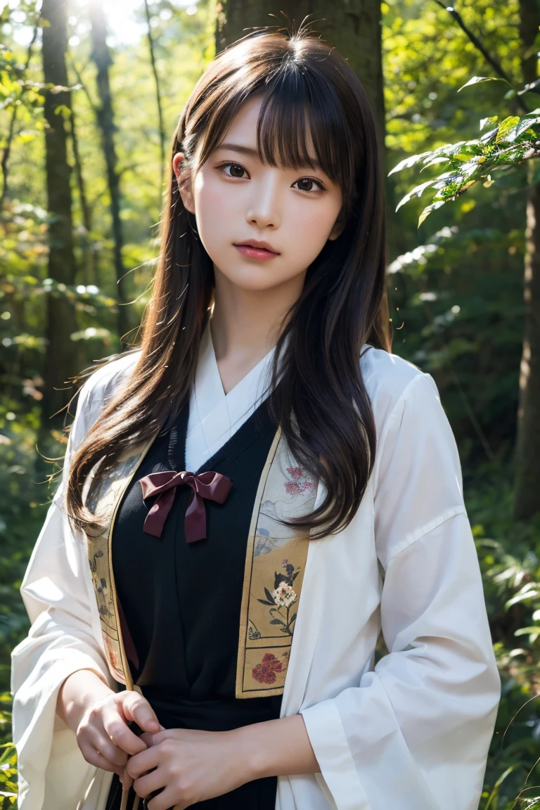 A highly detailed, photorealistic portrait of a beautiful young archer girl with long flowing hair, holding a traditional Japanese bow. She is standing in a serene forest with sunlight filtering through the trees. High resolution, 8k, ultra-detailed, masterpiece, best quality.