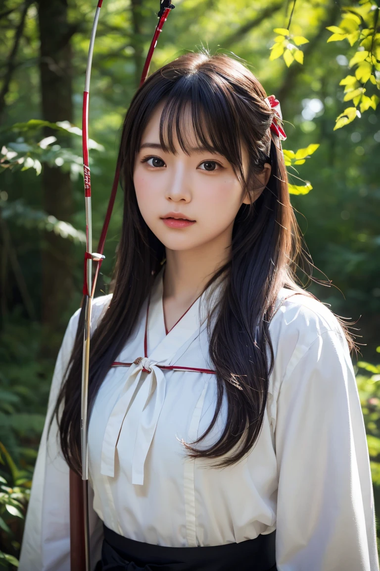 A highly detailed, photorealistic portrait of a beautiful young archer girl with long flowing hair, holding a traditional Japanese bow. She is standing in a serene forest with sunlight filtering through the trees. High resolution, 8k, ultra-detailed, masterpiece, best quality.