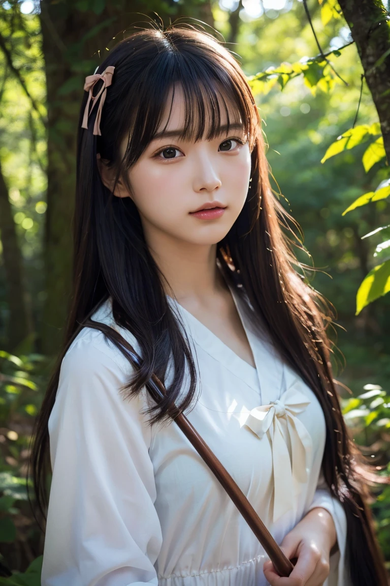 A highly detailed, photorealistic portrait of a beautiful young archer girl with long flowing hair, holding a traditional Japanese bow. She is standing in a serene forest with sunlight filtering through the trees. High resolution, 8k, ultra-detailed, masterpiece, best quality.