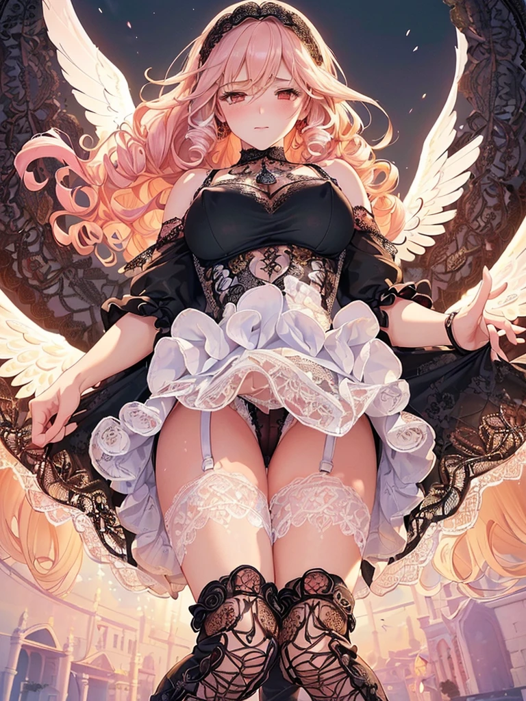 ((Highest quality)),(Ultra-high resolution),(Very detailed),(Detailed Description),((The best CG)),(A masterpiece),Ultra-detailed art,Amazing painting art,(Works with precise details:1.5), (1 female:1.6),(Beautiful and well-proportioned face:1.5),(Curly Hair:1.6),(Intricately detailed lace dress:1.8),Fine jewellery with exquisite detailing:1.5,Waist Accessories:1.5,Look at me and smile:1.5, (See-through nipples:1.1),, Angel Girl, (((Magnificent white angel wings on his back:1.2))), Mature Woman,Descended into the church,(Pastel colored hair:1.3),(Red and black long high heel boots:1.4), (garter belt), (stockings)、 (Floating in the sky with magical powers:1.2),(Floating skirt:1.5), (Embarrassed expression, blush:1.2),(bracelet),(heart choker)