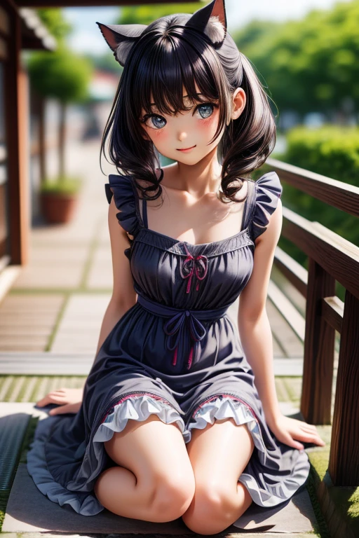 Super detailed, Fine grain, Japanese , ( ),Look at the photographer、 (curly gray hair, nekomimi), Glossy Lips, Center image, Perfect limbs, Perfect Anatomy,(Summer dresses with ruffles),Suggestive
