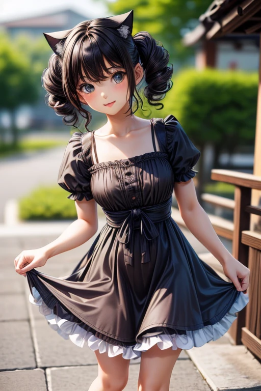 Super detailed, Fine grain, Japanese , ( -yeld gi,Look at the photographer､  (curly gray hair, nekomimi),  Glossy Lips,  Center image,  Perfect limbs, Perfect Anatomy,(Summer dresses with ruffles),Suggestive