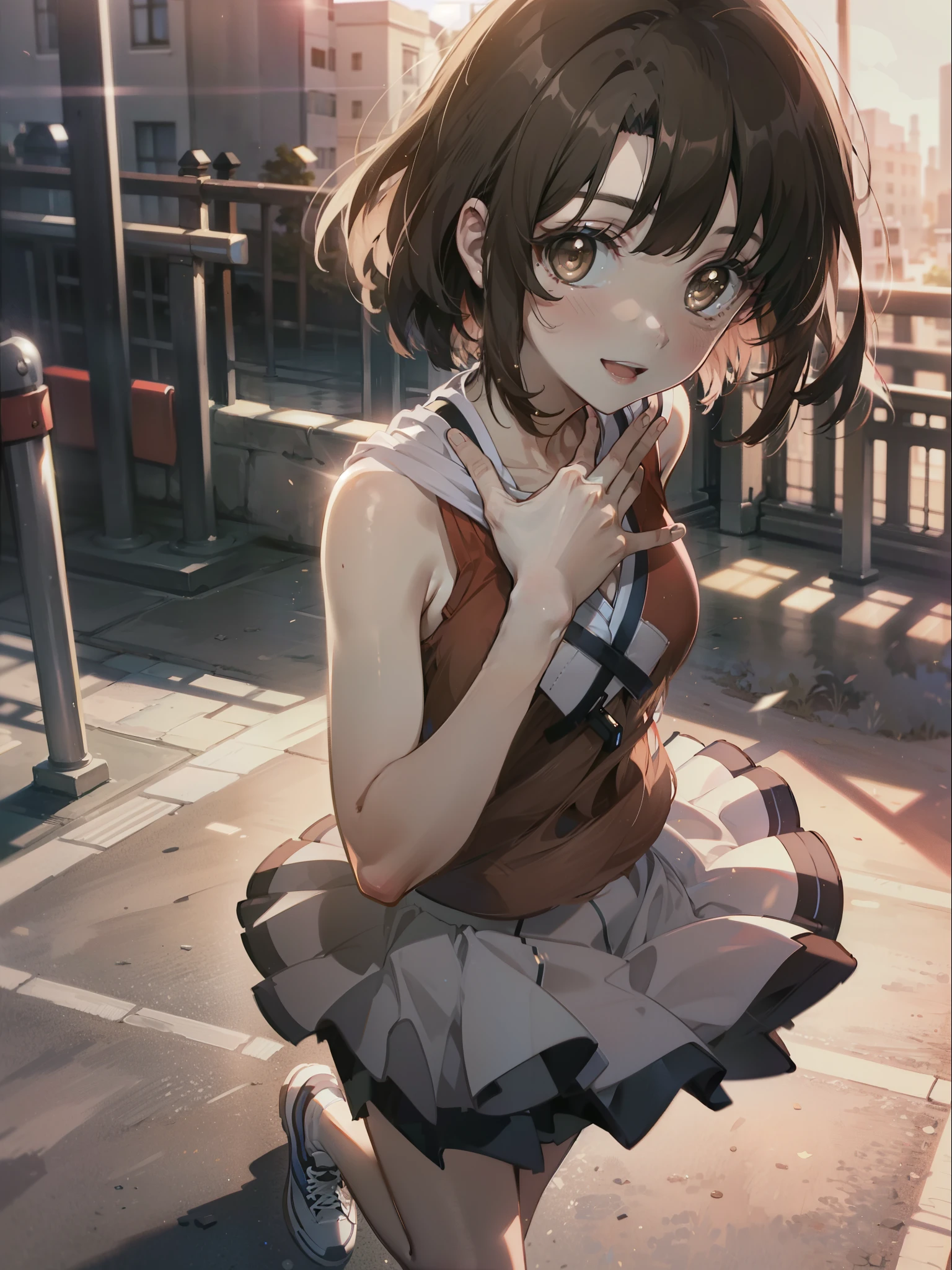 1coatings, Megumi Katou, Brown Hair, short hair, (Brown eyes:1.5),happy smile, smile,Baseball hats, Red tank top shirt,White long skirt,sneakers,Open your mouth,Medium Chest,whole bodyがイラストに入るように,walk,evening,evening,The sun is setting,
break outdoors, In town,
break looking at viewer, whole body,
break (masterpiece:1.2), Highest quality, High resolution, unity 8k wallpaper, (shape:0.8), (Beautiful details:1.6), Highly detailed face, Perfect lighting, Extremely detailed CG, (Perfect hands, Perfect Anatomy),),