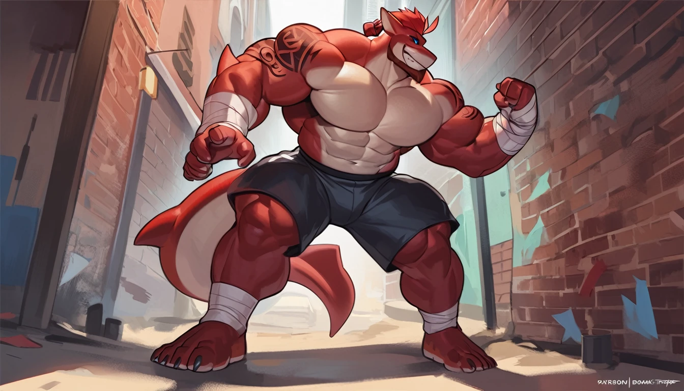 bright red colored bara shark, white countershade, red skin, huge plump pecs, strong physique, tribal tattoos, scarlet samurai hair in ponytail, cyan colored eyes, black sclera, very muscular, perfect anatomy, scars on body, full body view in frame, masterpiece beard, strong jaw, thick thighs, giant biceps, muscular, shark tail, grin, amazing shading, full body, detailed hands, detailed eyes, detailed face, detailed arms,anthro, muscular, abs, (detailed:1.5), male, detailed background, by bozi, wearing leather jacket and jeans, in boxing stance, standing, solo, in alley, hand wraps, abstract background, by MANYU_ART, by darkgem, by sligarthetiger, by meesh
