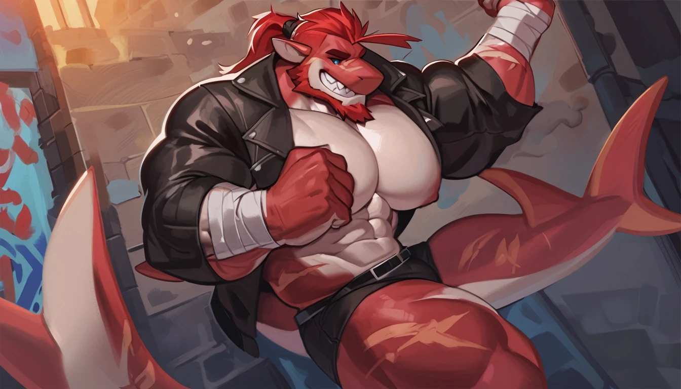 bright red colored bara shark, white countershade, red skin, huge plump pecs, strong physique, tribal tattoos, scarlet samurai hair in ponytail, cyan colored eyes, black sclera, very muscular, perfect anatomy, scars on body, full body view in frame, masterpiece beard, strong jaw, thick thighs, giant biceps, muscular, shark tail, grin, amazing shading, full body, detailed hands, detailed eyes, detailed face, detailed arms,anthro, muscular, abs, (detailed:1.5), male, detailed background, by bozi, wearing leather jacket and jeans, in boxing stance, standing, solo, in alley, hand wraps, abstract background, by MANYU_ART, by darkgem, by sligarthetiger, by meesh