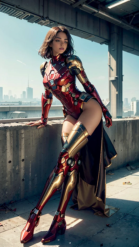 RAW, Masterpiece, Ultra Fine Photo,, Best Quality, Ultra High Resolution, Photorealistic, Sunlight, Full Body Portrait, Stunningly Beautiful,, Dynamic Poses, Delicate Face, Vibrant Eyes, (Side View) , she is wearing a futuristic Iron Man mech, red and gold color scheme, highly detailed abandoned warehouse background, detailed face, detailed and complex busy background, messy, gorgeous, milky white, high detailed skin, realistic skin details, visible pores , sharp focus, volumetric fog, 8k uhd, dslr camera, high quality, film grain, fair skin, photorealism, lomography, sprawling metropolis in futuristic dystopia, view from below, translucent