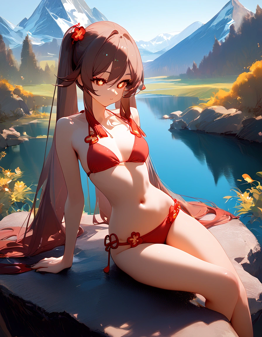 score_9, score_8_up, score_9_up, , masterpiece, high quality, highly detailed, 1girl, hu tao, thin waist, bikini, lake, mountains, sit on rock, big tits
