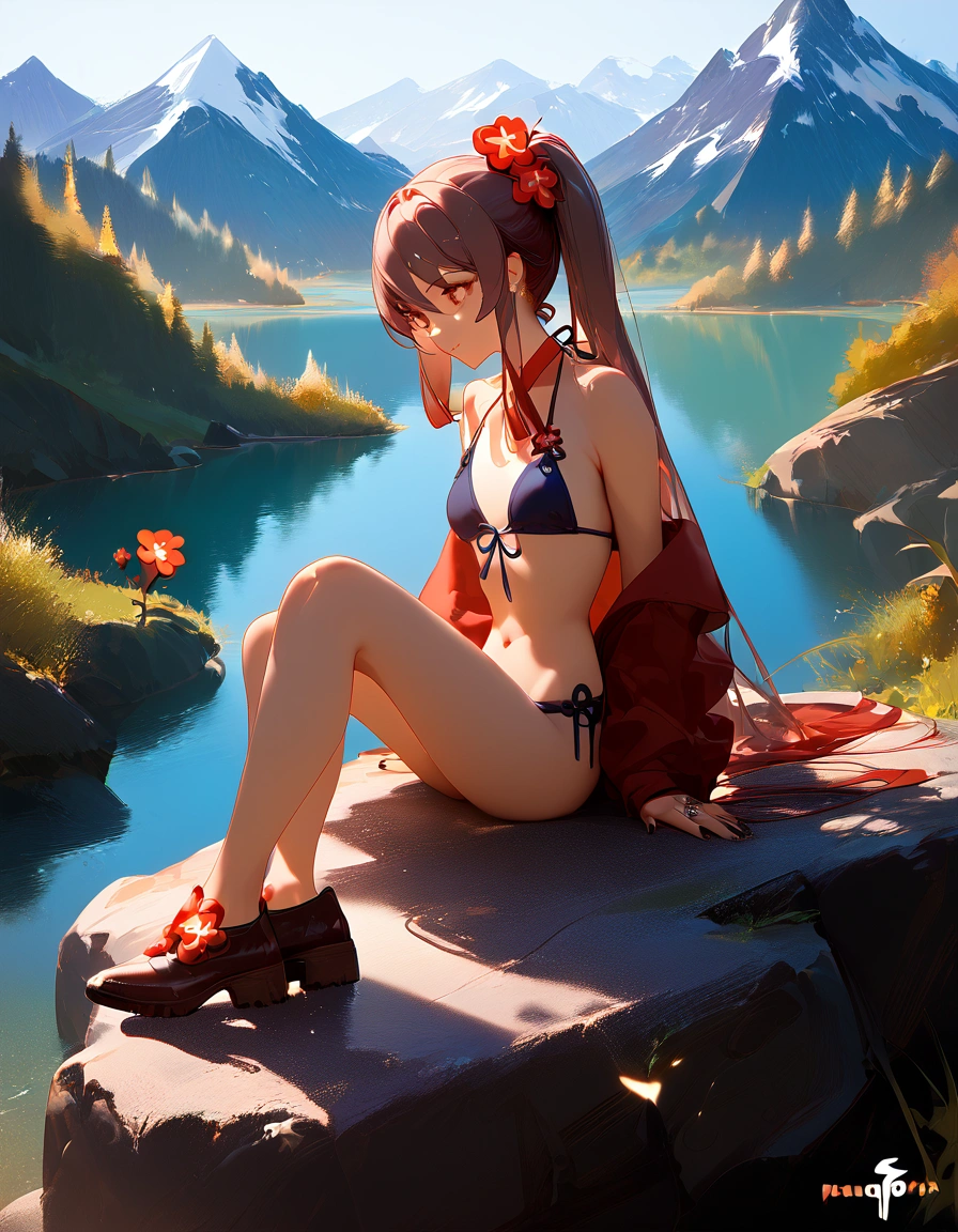 score_9, score_8_up, score_9_up, , masterpiece, high quality, highly detailed, 1girl, hu tao, thin waist, bikini, lake, mountains, sit on rock, big tits
