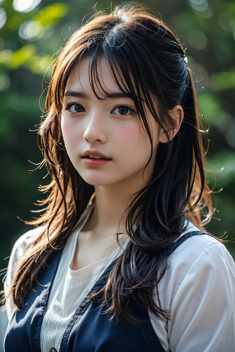A close-up portrait of a young female archer with a determined expression, wearing traditional archery attire. She is in the middle of drawing her bow, with a background of a lush green forest. High detail, photorealistic, 8k resolution, ultra-detailed.