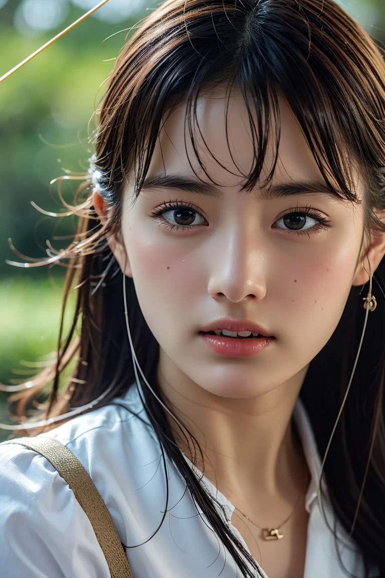 A close-up portrait of a young female archer with a determined expression, wearing traditional archery attire. She is in the middle of drawing her bow, with a background of a lush green forest. High detail, photorealistic, 8k resolution, ultra-detailed.
