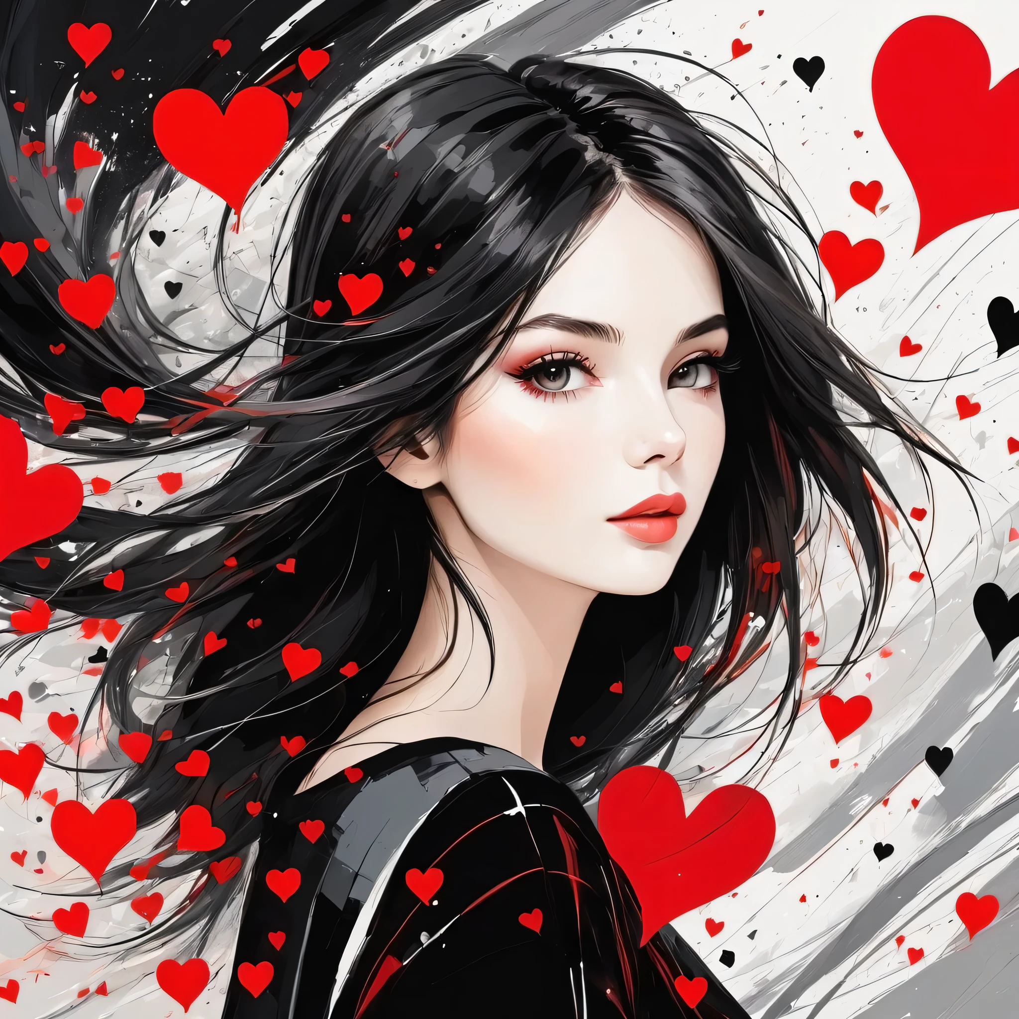 Black Star Red and White style, Simple Line Initialism，Abstract art，Urban Background, colorful hearts ,(((The most beautiful girl of all time))),