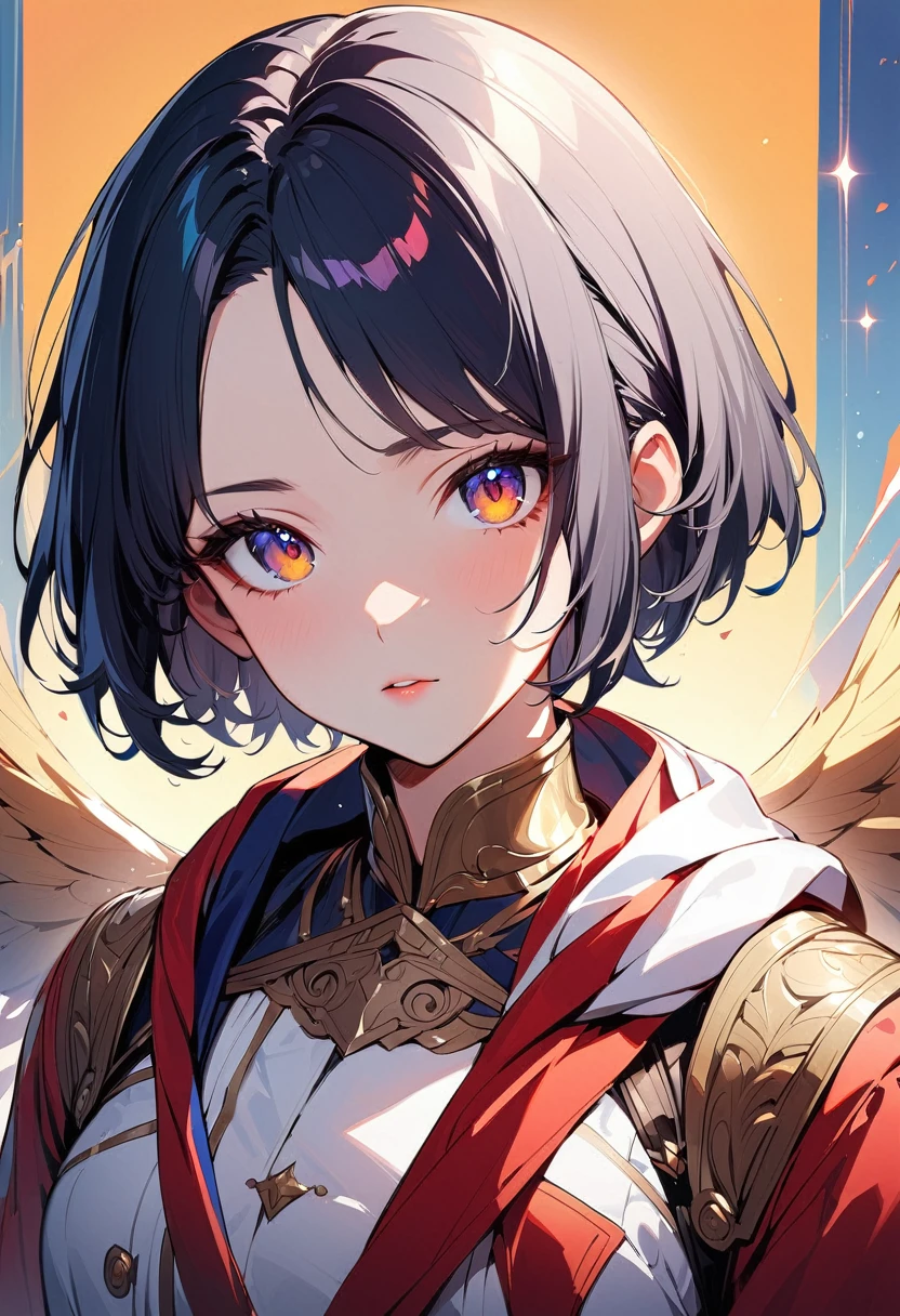 ((top quality)), ((masterpiece)), (detail), high resolution, perfect face, detailed eyes, fine eyes, BREAK (1girl), black hair, ((pixie cut, forehead)), (Noble knightly uniform), Long robe with gorgeous patterns, vibrant colors, (simple background), light particles,