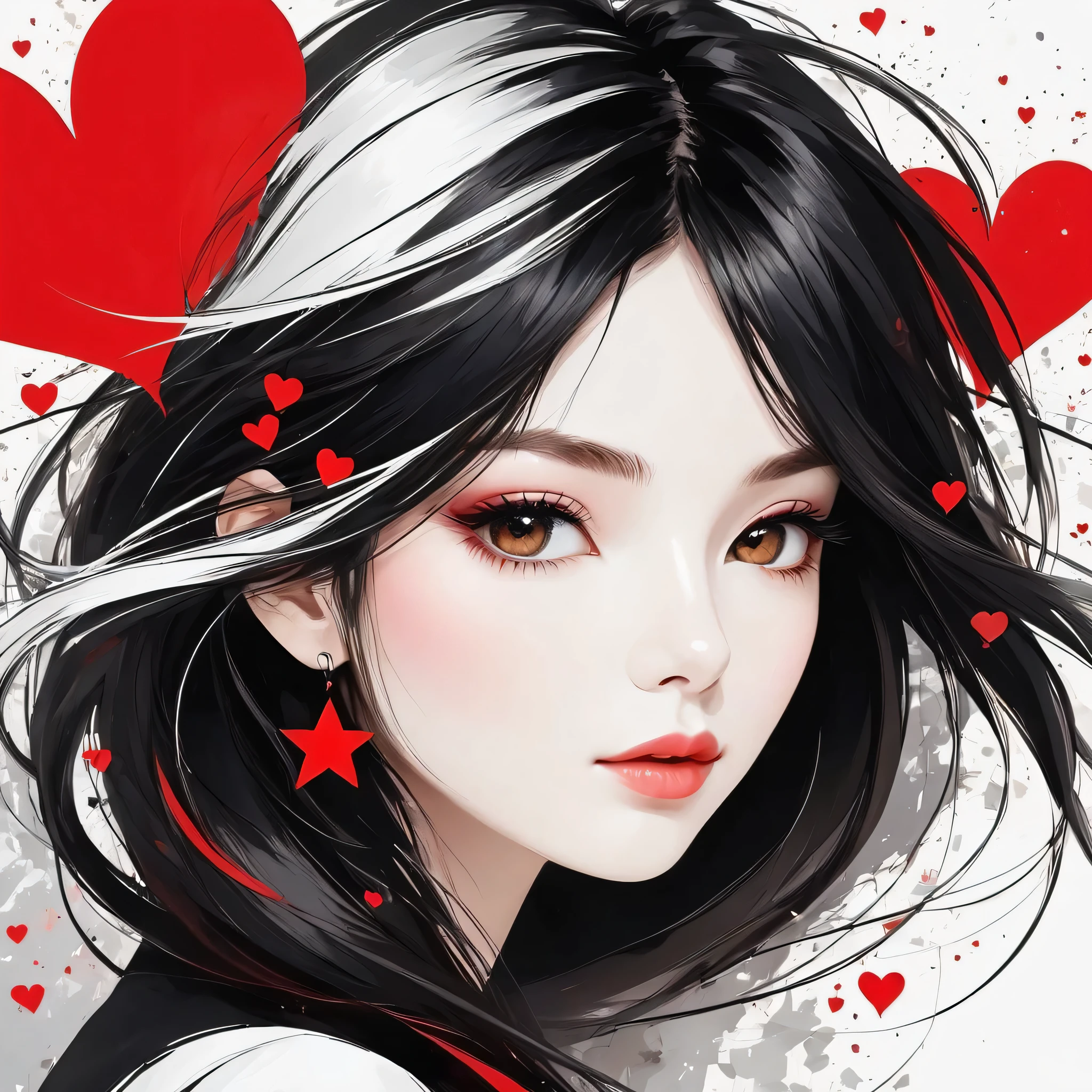 Black Star Red and White style, Simple Line Initialism，Abstract art，Urban Background, colorful hearts ,(((The most beautiful girl of all time))),