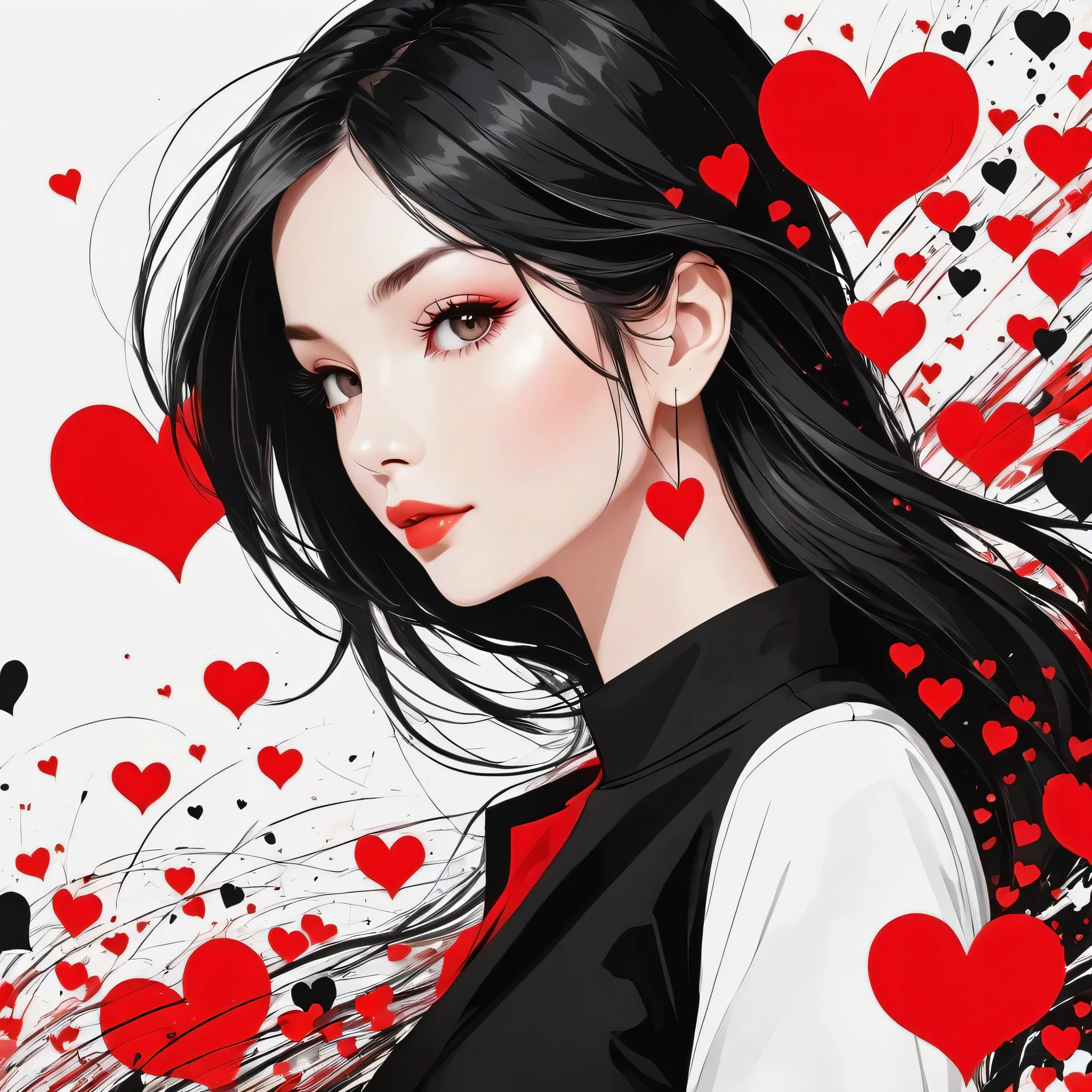 Black Star Red and White style, Simple Line Initialism,Abstract art,Urban Background, colorful hearts ,(((The most beautiful girl of all time))),