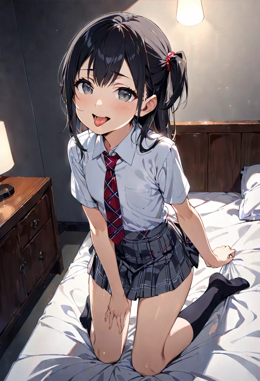 skirt lift,skirt hold,from front,front view,looking at viewer, looking ahead,from above,cowboy shot,1girl,Beautiful 11 year old girl,Japanese,Slender,,low length,Small breasts,Thin legs,Small Ass,Baby Face,Small face,Black Hair,one side up,Gray Eyes,Drooping eyes,middle School girls,uniform,Short sleeve shirt,Checked tie,Checked mini skirt,socks,open mouth,tongue out,front face,Kneeling,Straight Stand,Beautiful and detailed anime art,Mischievous smile,Sexy vibe,cum on tongue,Dimly lit room,On the bed,Simple Background,Gray background,Low lighting,
