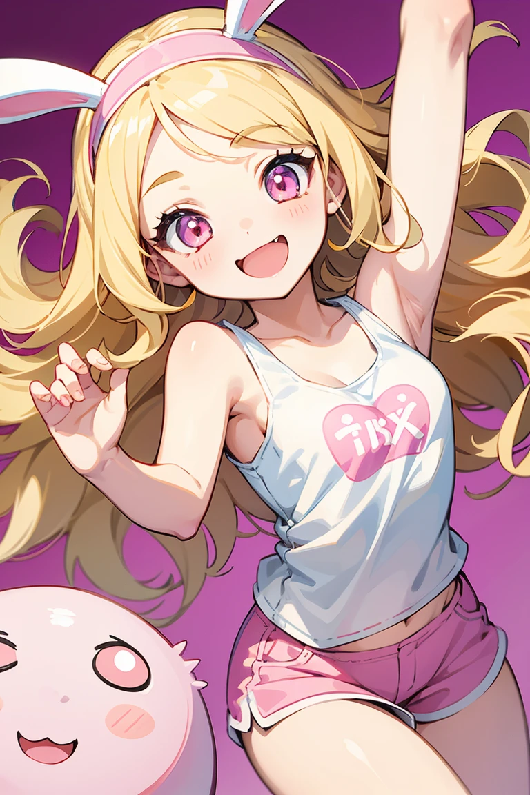 masterpiece, high quality, perfect face, high texture, 1 girl, 1 person, anime, cute face, insane expression, blonde hair, loose hair, long wavy hair, eyes open wide, smiling widely, mouth closed, big eyes, round eyes, pink eyes, small breasts, plain white tank top, pink woman short pants, look toward camera, smiling widely, pink bunny ribbon headband