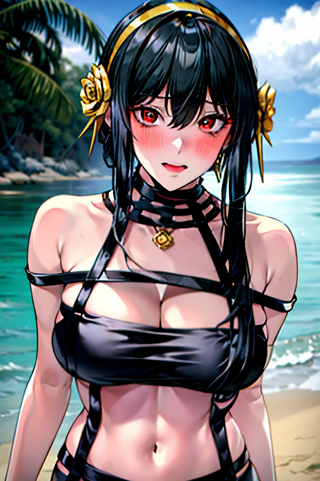 bronmix 0.2 Remix the prompt. Copy the prompt._Counterfeiter, 1 girl, alone, long hair, look at viewer, Blush, big breasts, black hair, conjunctivitis, navel, decorations, gag, collarbone, Side lock,, headband, earring, ,stand, outdoor, beach, naked