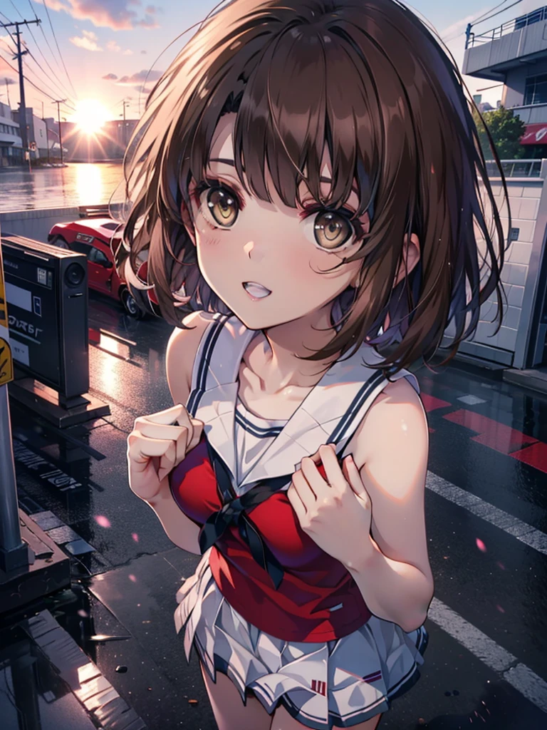 1coatings, Megumi Katou, Brown Hair, short hair, (Brown eyes:1.5),happy smile, smile,Baseball hats, Red tank top shirt,White long skirt,sneakers,Open your mouth,Medium Chest,whole bodyがイラストに入るように,walk,evening,evening,The sun is setting,
break outdoors, In town,
break looking at viewer, whole body,
break (masterpiece:1.2), Highest quality, High resolution, unity 8k wallpaper, (shape:0.8), (Beautiful details:1.6), Highly detailed face, Perfect lighting, Extremely detailed CG, (Perfect hands, Perfect Anatomy),),