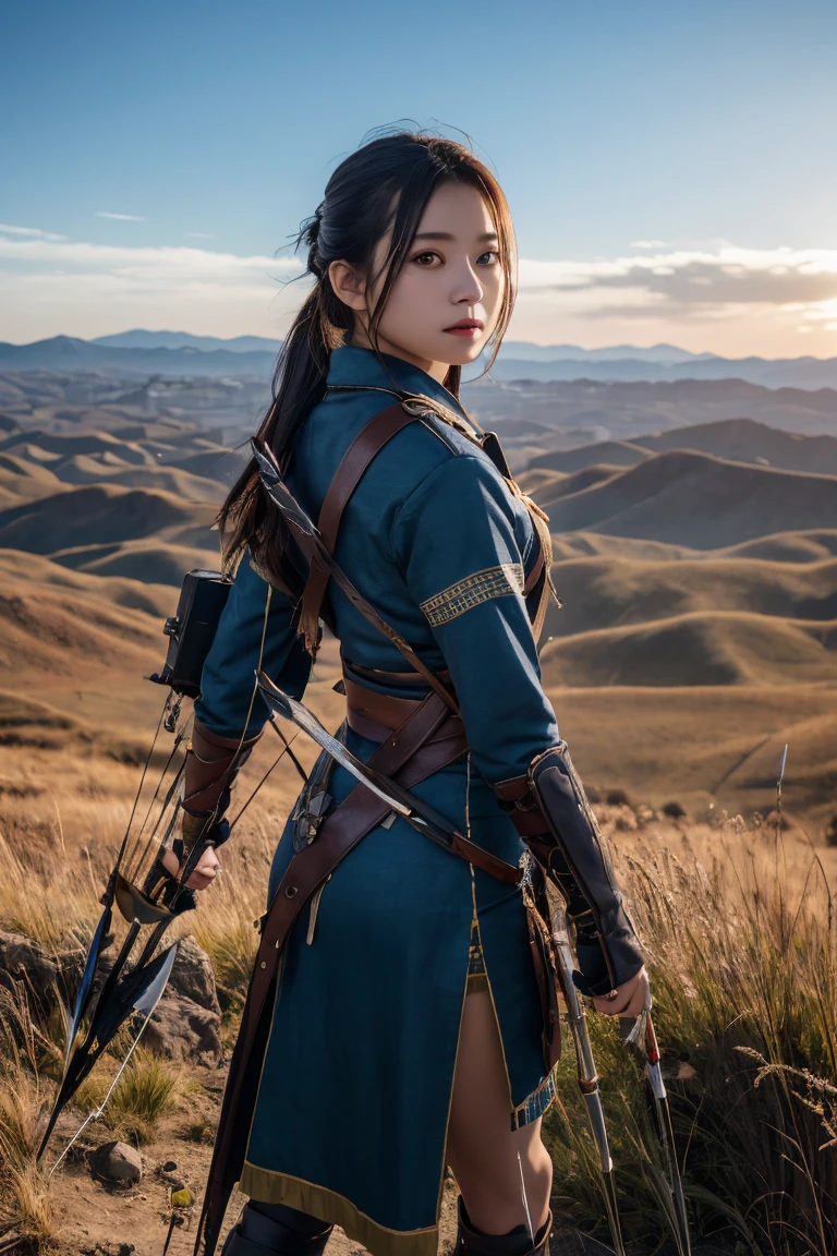 A beautiful young archer girl with smooth skin and large, expressive eyes, captured in a photorealistic style. She is standing on a hilltop with a quiver of arrows on her back, looking out over a vast landscape. High detail, 8k resolution, ultra-detailed, masterpiece.